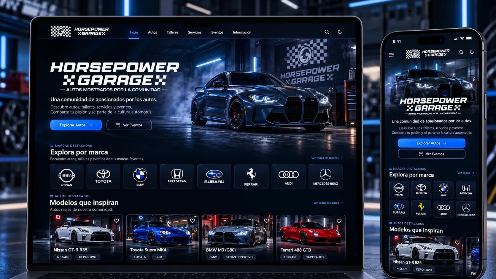 Presentación de UYHorsepower en computadora y celular, con su catálogo de autos destacados